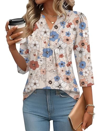 IECCP Womens Tops Dressy Casual Blouses 3/4 Puff Sleeve Spring Summer Tops Loose Fit Pleated V-Neck Tshirts Womens Work Clothes (Grey Pattern,M)
