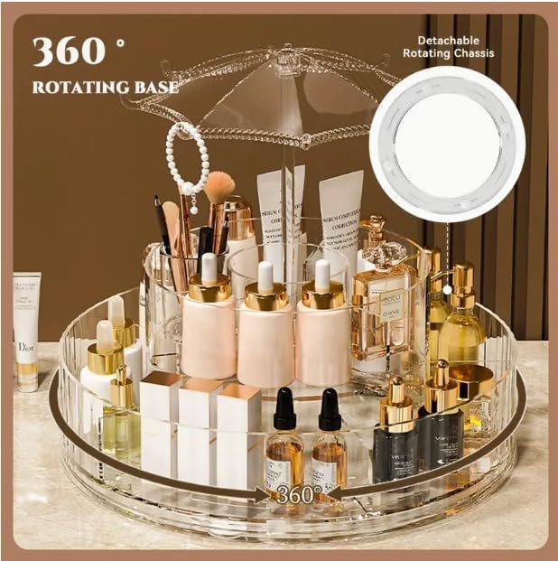 KANVIPRIYA 360 Rotating Makeup Organizer with Umbrella Design, 2 Layers Adjustable Carousel Large Capacity Revolving Perfume Organizer, Skincare Cosmetic Storage, Spinning Holder for Vanity 3
