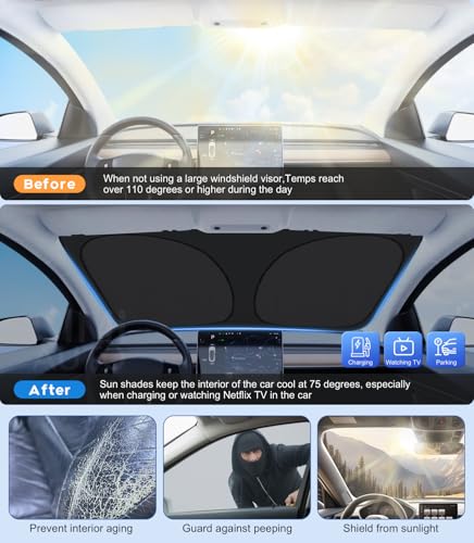 Image of Tesla New Model Y Accessories Windshield Sunshade,2020~2025 2026 for Model Y Juniper Window Shades, Foldable Heat & UV Reflective Sun Visor with Storage Bag,Silver Coating
