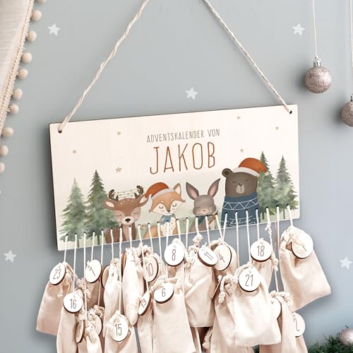 Adventskalender Personalisiert für Kinder | Advent Kalender zum befüllen aus Holz | Wandmontage Weihnachtskalender DIY mit Namen | hellomini (Waldtiere)