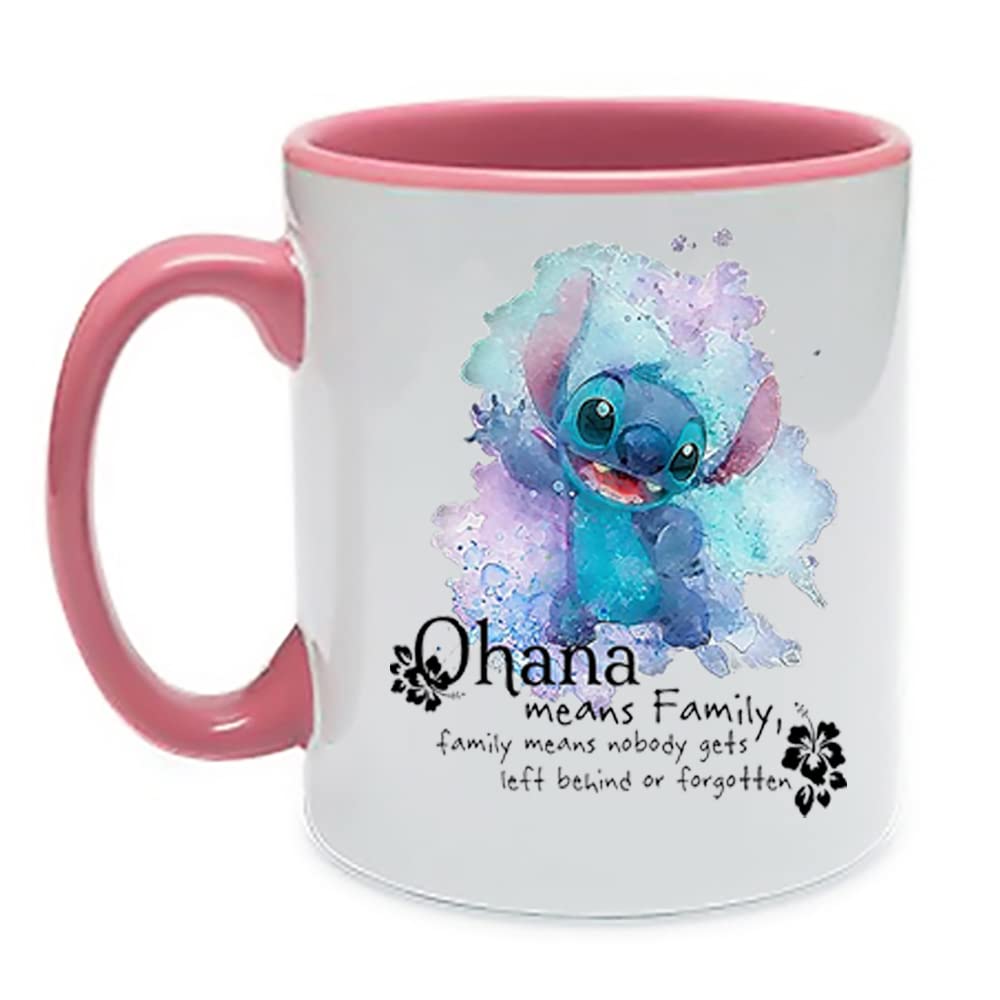 Crunchy Carrots Ohana Means Family - Family Means Nobody gets Left Behind or Forgotten Cute Lilo Mug Printed on Two Sides 11 oz Inside Coloured Mug (Pink Inside and Handle)