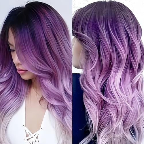Perruque synthétique violette longue bouclée pour femme avec raie au milieu