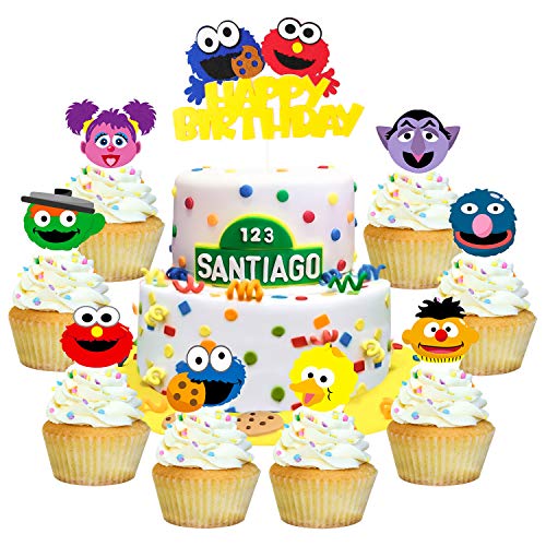 PANTIDE 49 Pack Sesame Inspired Cake & Cupcake Toppers Kit, Happy Birthday Sesame Cake Topper Cupcake Toppers Elmo Cookie Monster Big Bird Birthday Party Supplies Favors Cake Decorations for Kids