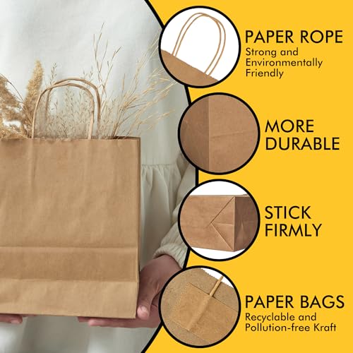 Image of RACETOP Brown Kraft Gift Paper Bags 50 Pack 8x4.5x10.8 in with Handles
