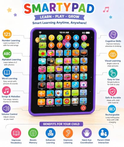 Image of Learning Pad for Preschoolers & Toddlers 2Y+ | 14 Interactive Functions, Phonics, Alphabets, Numbers, Transport & Animal Sounds | Educational and Early Developmental Toy (Purple)