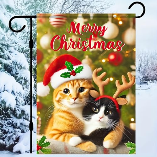 Image of BlissYard Christmas Cat Garden Flag 12x18 Inch Polyester | Double sided polyester, Christmas two cats reindeer hats design, cozy cat lover decor for holiday porch and yard