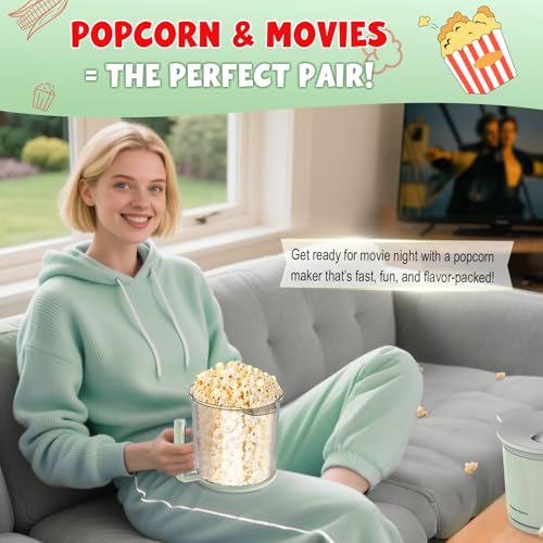Electric Air Popper Popcorn Maker Machine for Home – 2QT Oil-Free Personal Sized Popcorn Popper with Serving Bowl, 2Min Fast Making Healthy Snacks, 98% High Popping Rate for Family Party Movie Night