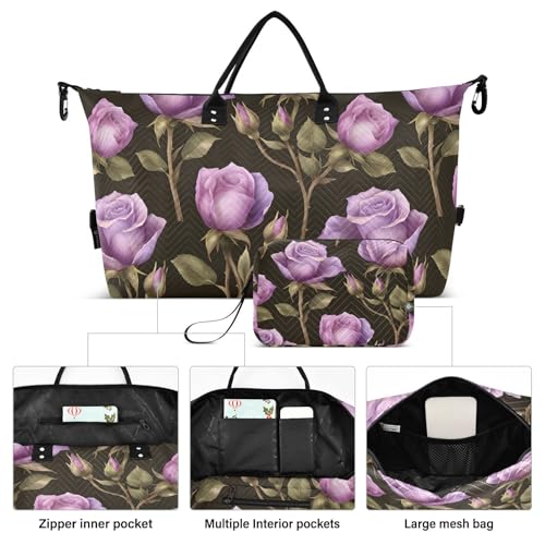 Rose Travel Gym Bag, Flower Rose Purple Tile Pattern Weekender Overnight Duffle for Women with Toiletry Bag Travel Swim2