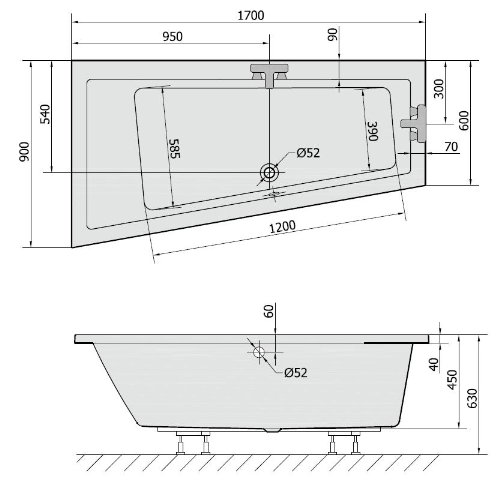 Badewanne ANDRA 170x90cm Ausführung Links mit Wannenfüssen