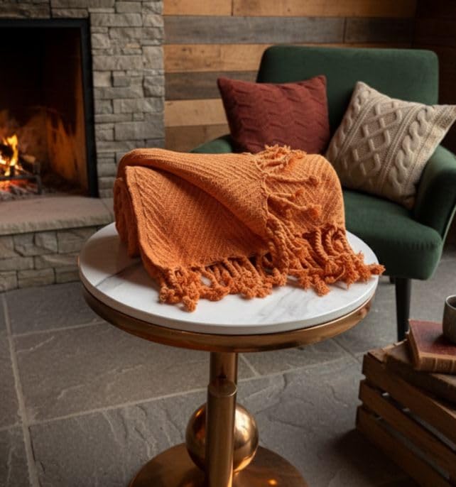 Image of HAKAM Orange Cotton Herringbone Throw Blanket for Bed, Sofa, Couch | Lightweight Decorative Blanket for Living Room & Home Decor | 50 X 60 Inch