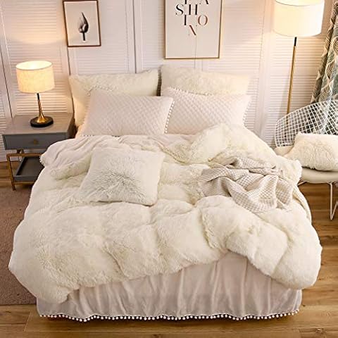 LIFEREVO Cream Luxury Plush Shaggy Duvet Cover Set Luxury Ultra Soft Crystal Velvet Bedding(1 Faux Fur Duvet Cover and 2 Pompoms Fringe Pillow Shams) Solid, Zipper Closure (King,Light Beige) Cover