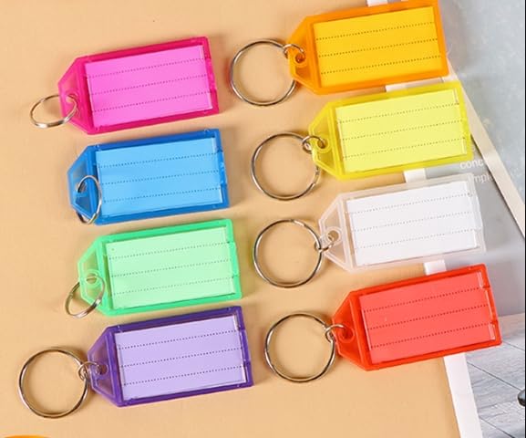 24 PCS Plastic Key Labels, Key Tags, Luggage Tags, Plastic Keychain, ID Label, 8 Color with Clear Label Window and Split Ring, Waterproof, Anti lost, Writable for Suitcase, Pet, Home