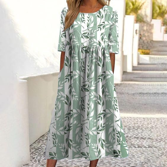 Green and White Leaf Print Midi Dress for Women High Waist Half Sleeve Flowy Fit Casual Summer with...