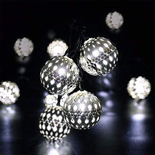 HULA Moroccan String Light, 3.5m 12LED Solar Moroccan Ball Outdoor String Lights Solar Metal Ball Lights Waterproof for Garden (White)