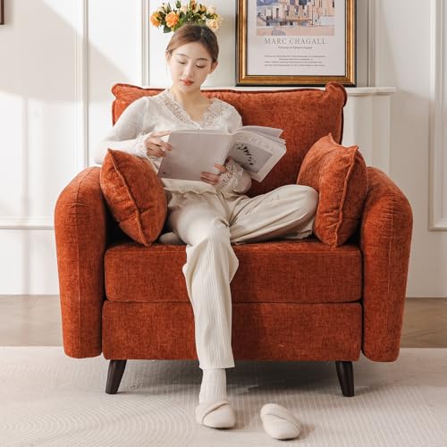 Rexulqo Oversized Accent Chair with All Seats Storage,Comfy Living Room Chairs with 2 Throw Pillow,Upholstered Mid-Century Armchair,24.5'' Deep Seat,Reading Chair for Bedroom,Office,Chenille,Orange
