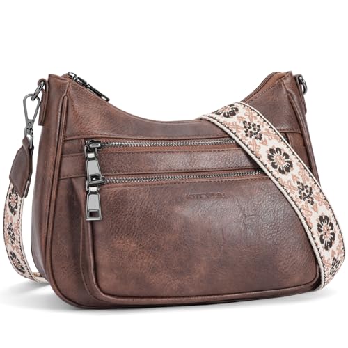Crossbody Bags for Women Leather Purse Trendy Multi Pocket Shoulder Handbags with Adjustable Guitar Strap