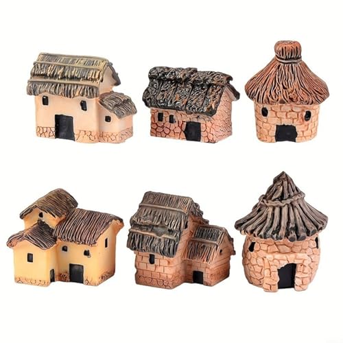 Sileduove Lot de 6 maisons miniatures en pierre pour jardin féérique, paysages de jardinage miniatures, statues en résine pour paysages miniatures, ornements de paysage miniature de jardin