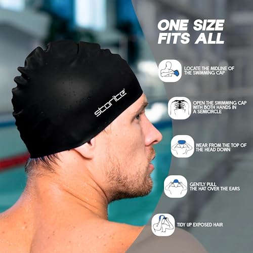 Image of Storite Swimming Cap for Men & Women (Black) | Waterproof, Stretchable Silicon, For Long Hair, Professional Lightweight