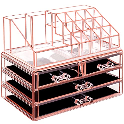 HBlife Makeup Organizer 2 Pieces Acrylic Cosmetic Storage Drawers and Jewelry Display Box, Pink