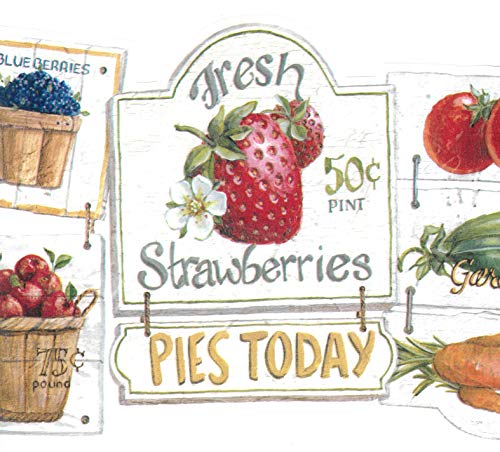 Dundee Deco BD6224 Frise de Papier Peint, Frise Murale, Bordure de papier peint précollé Vert campagne, fruits beiges, panneaux de magasin de légumes,...