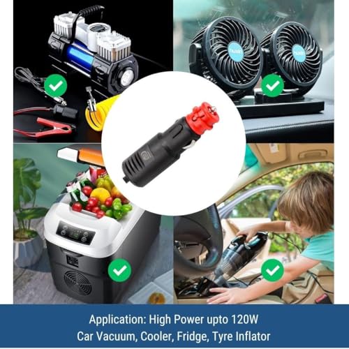Image of Efillooc 12V Car Cigarette Lighter Socket Male Power Plug with 8A Fuse & LED for Tyre Inflator Car Vacuum Fridge Cooler High Power (Plug HP RED)