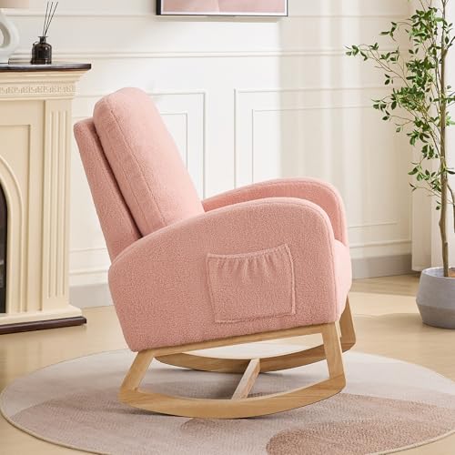 Image of Rocking Chair Nursery, Glider Rocking Accent Chair with Wood Legs, High Back Pocket Modern Upholstered Nursery Chair, Comfy Accent Rocker Armchair for Living Room Bedroom, Sherpa Pink