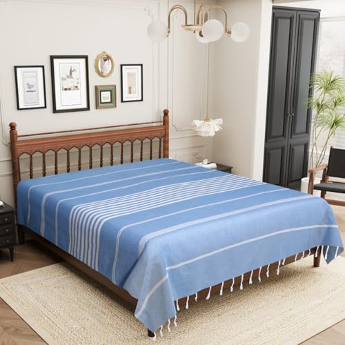 Image of Handmade Double Bedsheet 210 TC | Without Pillow Cover | Handloom Cotton Bedsheets for Double Bed | Double Bedsheet for Summer (Size 90X100 Inches, 7.5 x 8.3 Feet (Rock Blue, King Size)