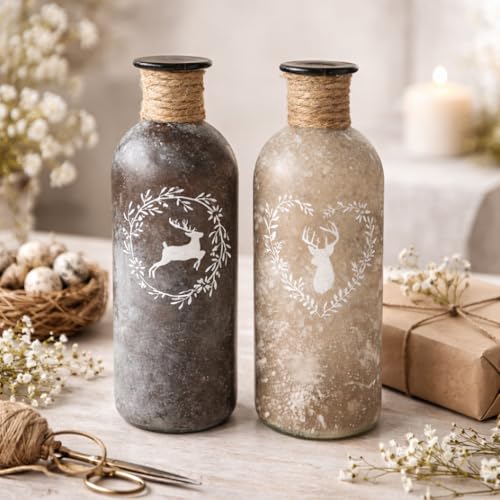ReWu Vase Glasvase 2er-Set - Hirsch Motiv - Gefrostet Dekovase Dekoration Wohndekoration Dekorativ Glas Landhausstil Dekoflaschen Tischvasen Flaschenvase mit Sisalband 7 x 21 cm