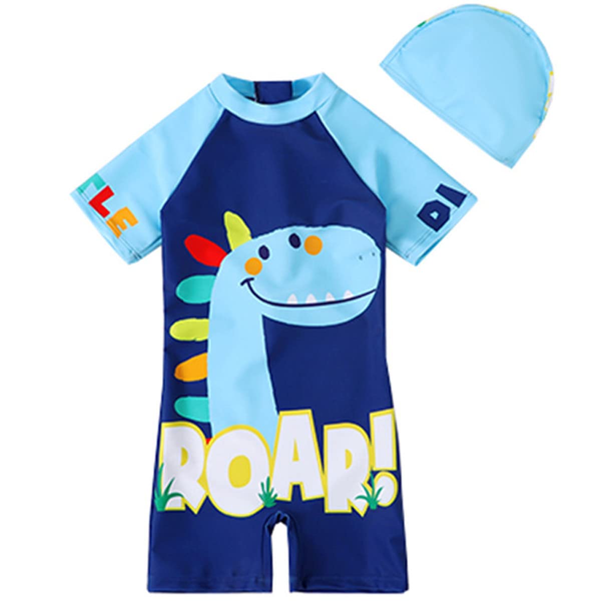 JELEUON Baby Toddler Boys One Pieces Cartoon Dinosaur Print Short Sleeve UPF 50+ Rash Guards Swimsuit with Hat