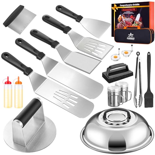 Grillbesteck Set,19-teiliges Grillset mit,BBQ Grill Zubehör mit Burgerpresse Grillspachtel Edelstahl Burger Glocke,Smash Burger Set Plancha Zubehör für Grillen Teppanyaki &Blackstone Grill
