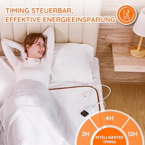 Mia&Coco Heizdecke mit Abschaltautomatik, 150 x 80 cm, Wärmeunterbett mit 12-Stunden-Timer und 3 Wärmestufen, LED-Anzeige, Überhitzungsschutz, Wärmedecke für Gängigen Matratzen,Maschinenwaschbar