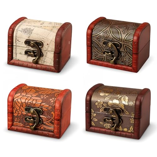 Colexy 4 Pièces Mini Coffres au Trésor en Bois, Coffrets Vintage avec Couvercle, Petits Coffres à Trésor Vintage, Boite Decorative pour Ranger Bijoux, Boucles...