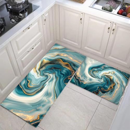 Tapis de cuisine lavable vert émeraude et feuille d'or