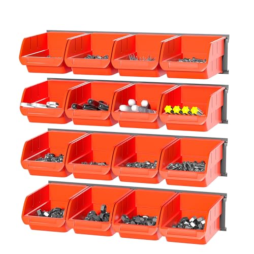Wall Mounted Storage Bins, Plastic Hanging Storage Organizer Bins | Garage Tool Storage System for Screws, Nuts, Bolts, Nails, and Small Hardware Parts, 16x bins & 4 x Rails, Orange