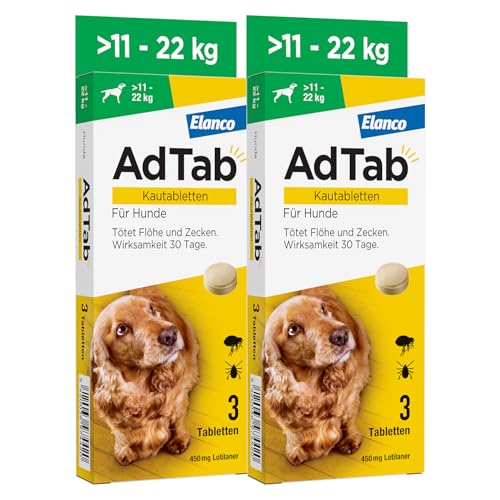 Sparset: Doppelpack AdTab Hunde Zecken- und Flohschutz ( 11 bis 22 kg), Kautablette tötet Zecken und Flöhe schnell ab und schützt einen Monat lang, leicht zu verabreichen (3 St. pro Packung)