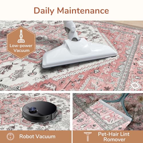 OPPODREAM Soft Area Rugs 4x6, Low-Pile Washable Rugs 4x6 with Non Slip Backing, Faux Cashmere 4 x 6 Throw Carpet, Pink & Cream