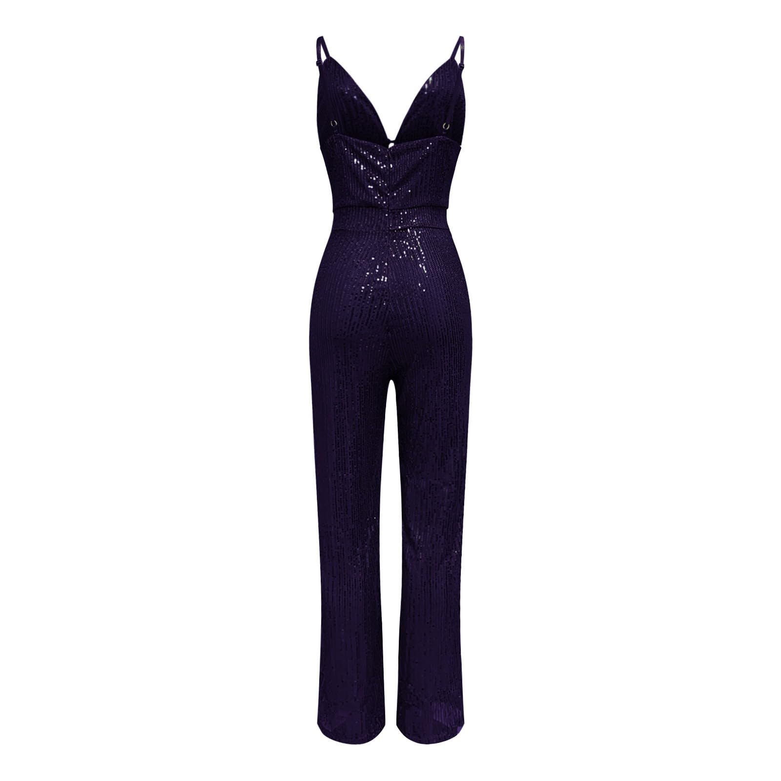 Generisch Tuta da donna per feste, elegante, rossa, con brillantini, elegante, senza maniche, con scollo a V, senza spalline, con paillettes, pantaloni a zampa, per Carnevale.