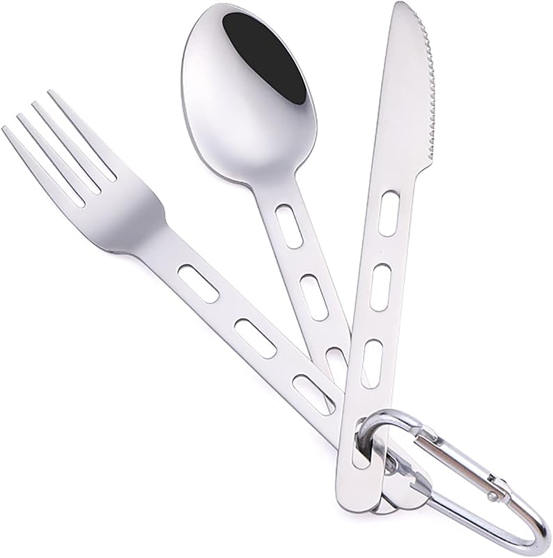 Juegos de cubiertos para campamento - Cuchillo tenedor cuchara de acero inoxidable - Gancho rápido a juego - Utensilios ultraligeros para mochileros/senderismo/camping - 3.5 oz