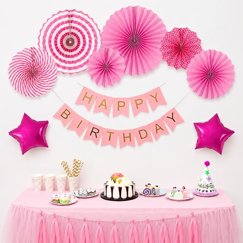 Image of SpecialYou Birthday Decoration Kit for Girls with Pink Paper Fans, Star Foil Balloons & Happy Birthday Banner, Decor for Her, Decor for Kids -10 pcs