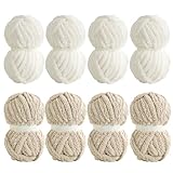 8 Pack Super Bulky Chunky Chenille Yarn for Arm Knitting, Large Thick Jumbo Yarn for Chunky Blanket, Big Fluffy Soft Plush, Jumbo Cream & Khaki