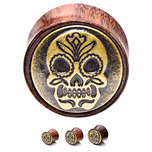 Pair of Sugar Skull Organic Wood Ear Plugs - Wood & Brass Saddle-Fit Double Flare Plugs (16mm - 5/8 inch) by BodyJewelryOnline