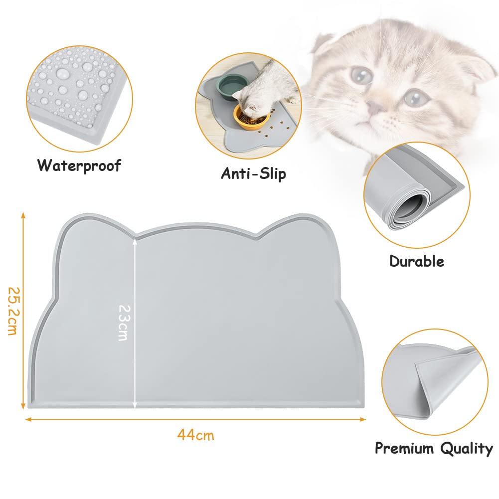 VSSHE Tappetino Ciotola Cani e Gatti in Silicone, 44 x 25 cm Tappetino per Ciotola di Cibo Antiscivolo, Tappetino Sottociotola per Animali Domestici, Evitare Fuoriuscite di Acqua o Cibo (Grigio)