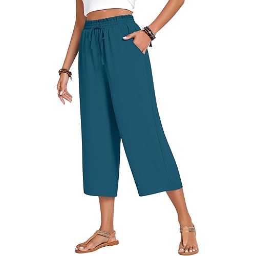 Anyhold Womens Capri Pants Loose High Waisted Wide Leg Lounge Pants Drawstring Casual Palazzo Trousers with Pockets