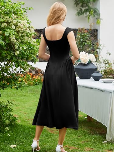 Image of Women's Formal Wedding Guest Dress Square Neck Cocktail Drop Waist Bridesmaid Flowy Midi Dresses with Pockets