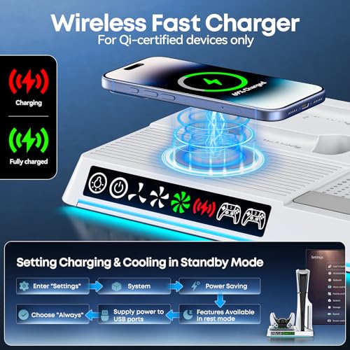 Image of Cooling Station for PS5 /Slim /Pro Disc & Digital Edition, PS5 Stand with Dual Controller Charger & 3-Level Cooling Fan & Cordless Charging, Pa5 Vertical Stand Base with 9 RGB Lights & Headset Holder