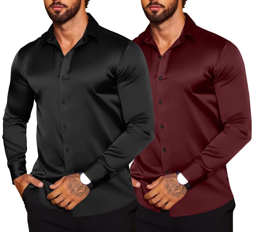 Image of Combo of Men's Premium Satin Cotton Shirt with Full Sleeves & Spread Collar | Smooth Finish | Slim Fit | Stylish Button Down Shirt for Evening, Casual Pack of 2