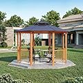EROMMY 14.5' x 14.5' Gazebo, Outdoor Octagon Gazebo with Polycarbonate Double Roof, Wooden Finish Coated Aluminum Pavilion with Fence Rails and Ceiling Hooks for Garden, Patio, Lawn, Deck