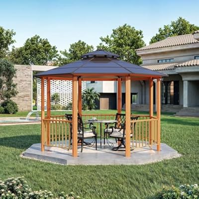 EROMMY 14.5' x 14.5' Gazebo, Outdoor Octagon Gazebo with Polycarbonate Double Roof, Wooden Finish Coated Aluminum Pavilion with Fence Rails and Ceiling Hooks for Garden, Patio, Lawn, Deck