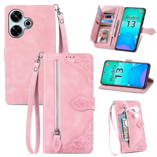 Cover per Xiaomi Redmi 13 Poco M6 4G Custodia a Libro pelle PU Flip Case con Porta Carte Chiusura Magnetica e Cinturino Disegni di Fiori Portafoglio Antiurto per 13 Rosa