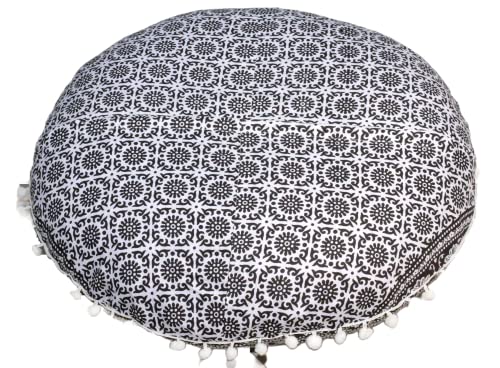 Round Mandala Floor Pillow Cover Seating Cushion Throw Cover Hippie Decorative Bohemian Ottoman Pouf Cover, Pom Pom Pillow Cases,Boho Indian 22 Inches (Black Elephant Flower) #TOP5
